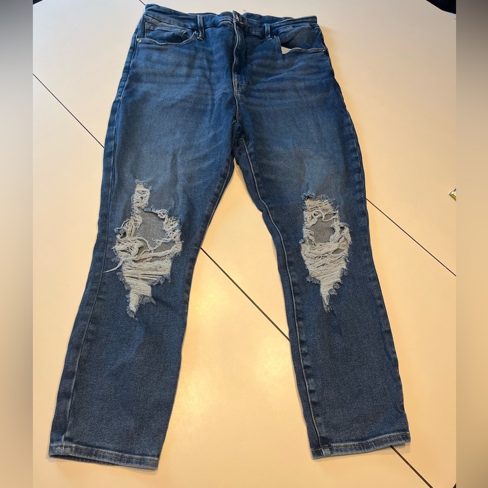 Good American Shadow Pockets Distressed Blue Ripped Jeans size 15